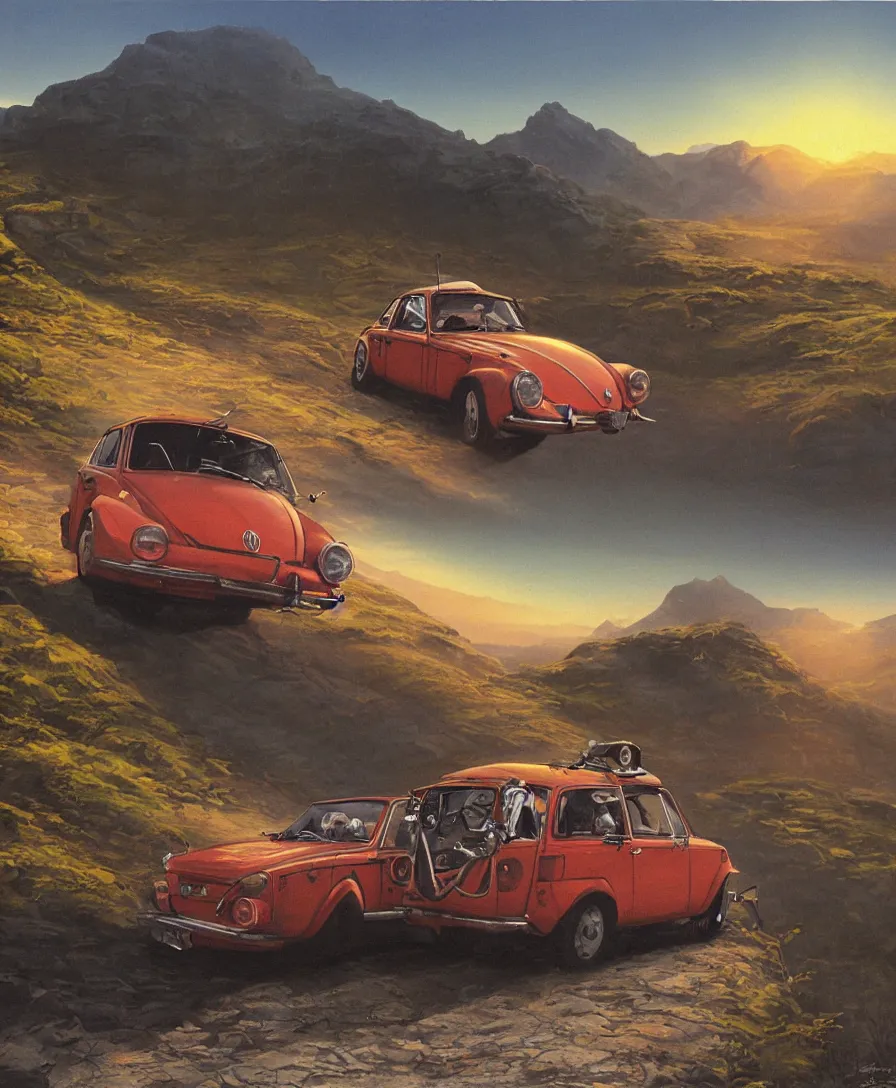 Sports Car In A Futuristic Mountain Sunset Wallpaper 8K