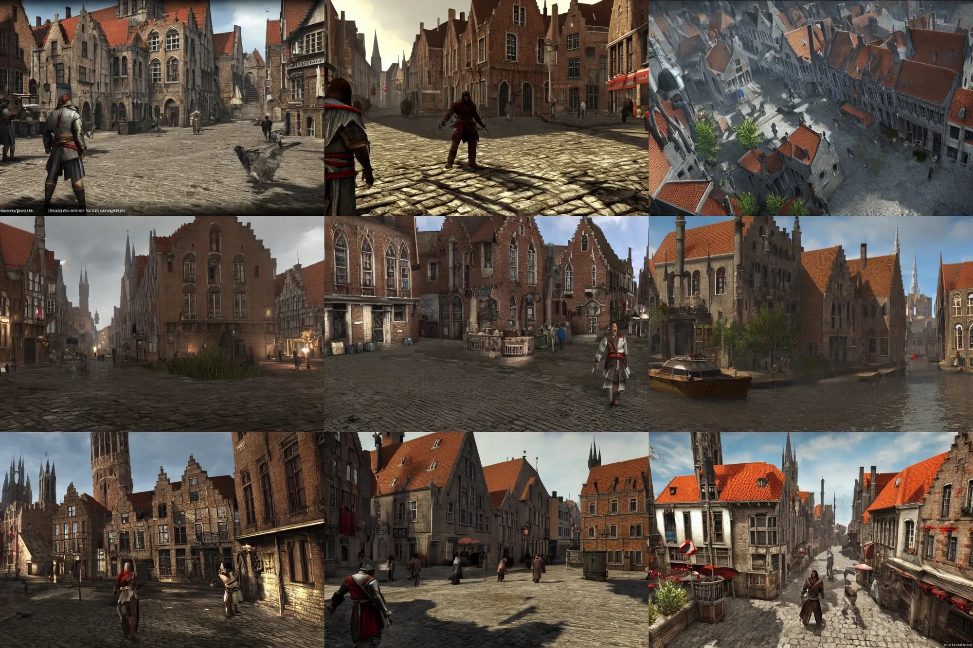 Prompt: a promotional gameplay screenshot of bruges in the video game assassins creed. 3 d rendering. very detailed