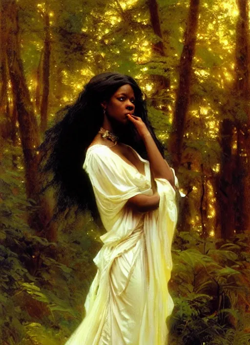 Image similar to a beautiful young black woman with long flowing hair in a flowing white gown in the forest, highly detailed painting by gaston bussiere, craig mullins, j. c. leyendecker 8 k