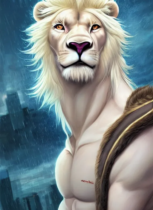 Image similar to aesthetic portrait commission of a of a male fully furry muscular anthro albino lion with a tail and a beautiful attractive hyperdetailed face, wearing stylish and creative wearing school uniform outfit in a sci-fi dystopian city at golden hour while it storms in the background. Character design by charlie bowater, ross tran, artgerm, and makoto shinkai, detailed, inked, western comic book art, 2021 award winning film poster painting