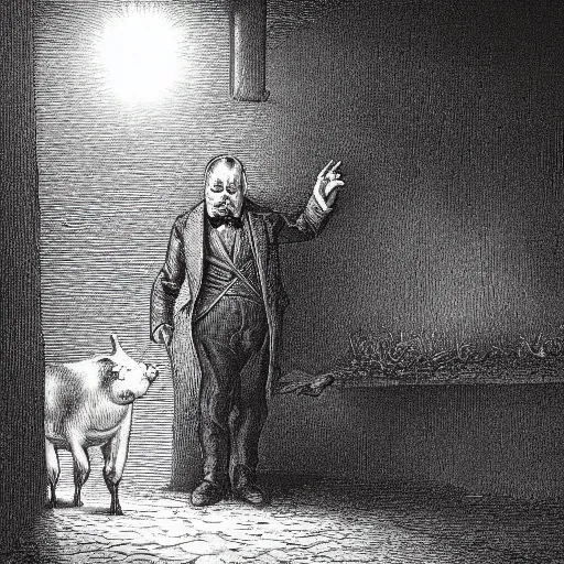 Image similar to pig in a tuxedo walk out of a barn, dramatic lighting, creepy, farm background, chiaroscuro, high detail, illustration by gustave dore