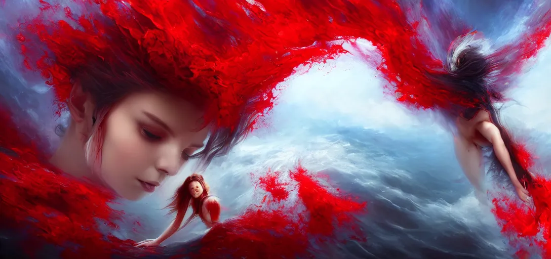Image similar to 8 k art photography shot art shot, hyperrealistic, hyperdetailed, super detailed, uhd, uhd, 8 k, high resolution, a fallen angel in red fluid simulation, painting by ross tran and ivan aivazovsky