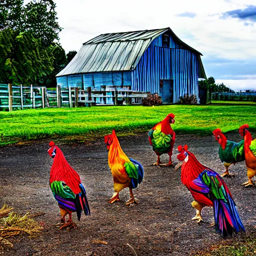 Image similar to Rainbow Roosters and Chickens Near a barn in a farm yard HDR