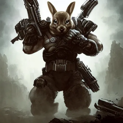 Prompt: cute little anthropomorphic Rabbit and Extreme Brutal Wolf in Gears of War cover art, ultra wide lens shot, tiny, small, short, cute and adorable, pretty, beautiful, DnD character art portrait, matte fantasy painting, DeviantArt Artstation, by Jason Felix by Steve Argyle by Tyler Jacobson by Peter Mohrbacher, cinematic lighting