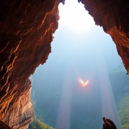 Image similar to photo of building and a giant orange glowing transparent humanoid of one thousand feet of height inside a cave