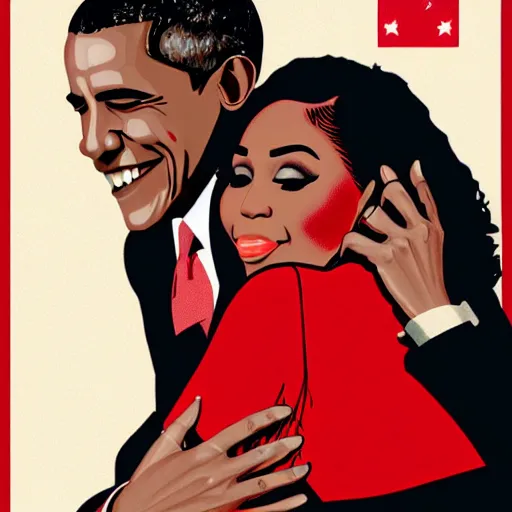 Image similar to barack obama hugging nicki minaj from behind, soviet colored propaganda poster, highly detailed illustration