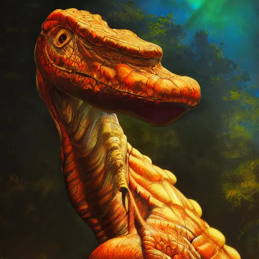 Image similar to An ultra realistic portrait painting of Yoshi the Dinosaur in the style of Frank Frazetta, 4k, Ultrarealistic, Highly Detailed, Dark Fantasy, Epic Lighting