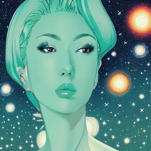 Image similar to A beautiful mixed media art of a woman with long flowing hair, wild animals, and a dark, starry night sky. mint green by Hiroshi Nagai, by Artgerm unplanned, ecstatic