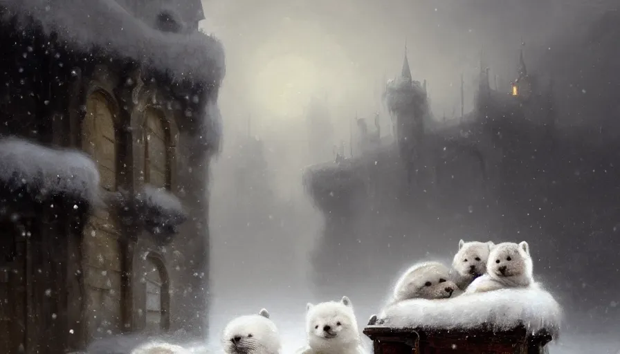 Image similar to highly detailed painting of cute furry white baby seals cuddled up in a cardboard box in a snowy cloudy sky castle by william turner, by greg rutkowski, by william constable, by greg tocchini, thick brush strokes and visible paint layers, 4 k resolution, retrowave colour scheme