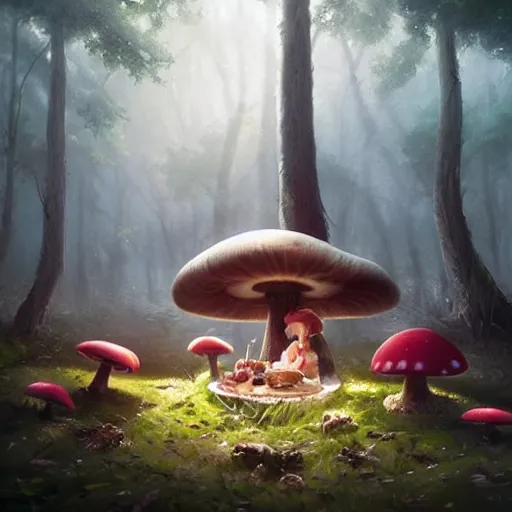 Prompt: a cute picnic in a mushroom forest. dramatic lighting, cgsociety masterpiece, artstation trending, greg rutkowski, 4k, digital art, concept art