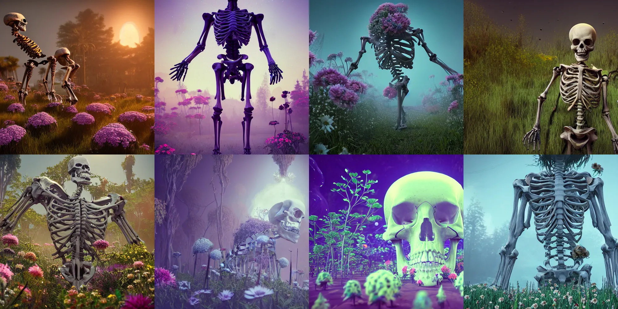 Prompt: giant human skeleton with beautiful flowers growing, in the style of beeple and mike winkelmann, intricate, epic lighting, cinematic composition, hyper realistic, 8 k resolution, unreal engine 5,