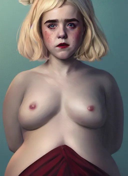 Image similar to full body portrait, kiernan shipka as sabrina spellman, white hair, obese, bangs, sultry, realistic, sultry smirk, fluffy bangs, freckles, fat, belly, intricate, elegant, highly detailed, digital painting, artstation, concept art, smooth, sharp focus, illustration, art by wlop, mars ravelo and greg rutkowski