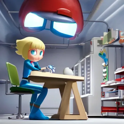 Image similar to pixar - style rendering of : roll is repairing computers in dr. light's laboratory. roll is a cute female ball - jointed robot ( in the style of mega man ) who has blonde hair with bangs and a ponytail tied with a green ribbon. she is wearing a red one - piece dress with a white collar, and red boots.