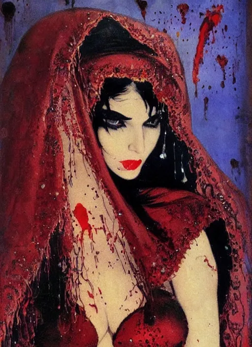 Image similar to portrait of svelt iranian vampiress, jeweled veil, strong line, saturated color, beautiful! coherent! by frank frazetta, high contrast, blood splatter background