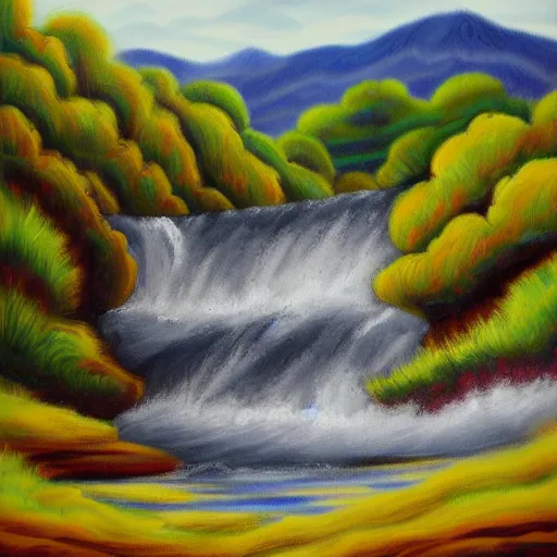 Prompt: a wild landscape painting filled with energy patterns rippling in all directions, mountains, rushing water, saturated colors