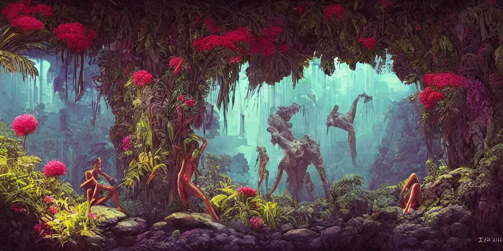 Image similar to Beautiful Ancient Greece Sculpture in jungle with big wild flowers windows, figures, soft neon lights, bright colors, cinematic, cyberpunk, smooth, chrome, lofi, nebula, calming, dramatic, fantasy, by Moebius, by zdzisław beksiński, fantasy LUT, studio ghibli, high contrast, epic composition, sci-fi, dreamlike, surreal, angelic, 8k, unreal engine, hyper realistic, fantasy concept art, XF IQ4, 150MP, 50mm, F1.4, ISO 200, 1/160s, natural light, Adobe Lightroom, photolab, Affinity Photo, PhotoDirector 365