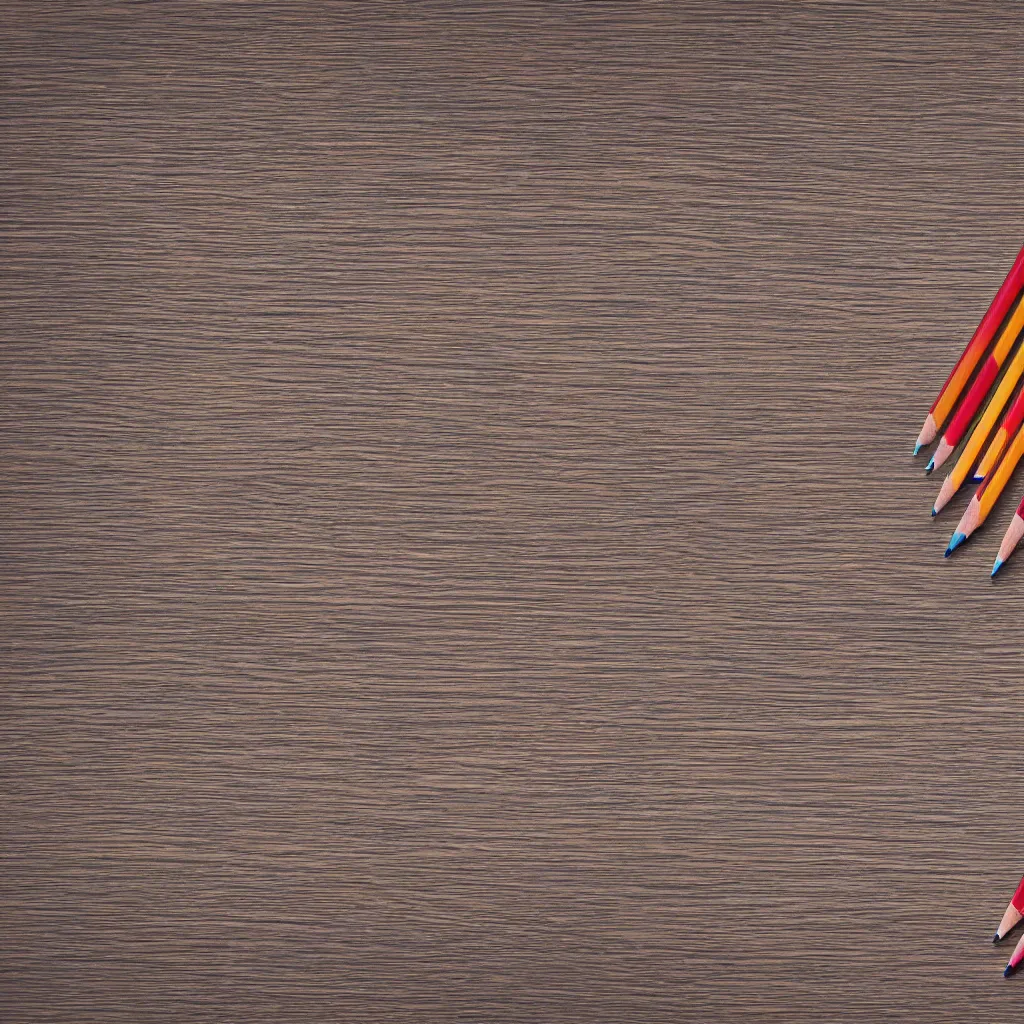 Prompt: top down view with pencils on top of a wooden table, wallpaper, 4k, photorealistic