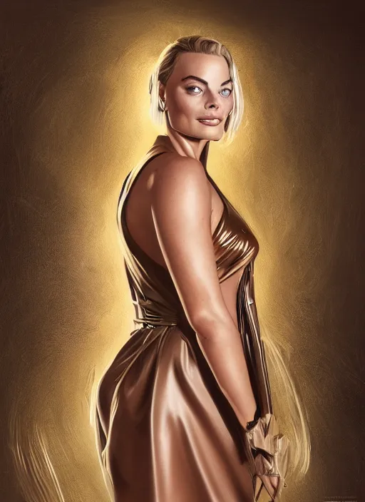 Image similar to detailed Illustration of Margot Robbie in a Solarpunk leather robe, full body portrait, shiny skin, soft lighting, sharp details, warm colors, studio portrait, 35 mm film, subsurface scattering