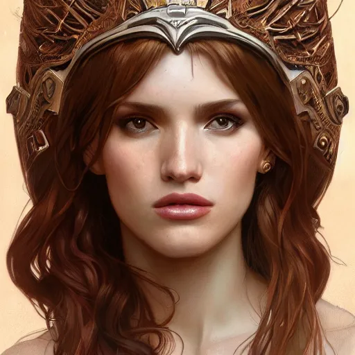Image similar to ultra realistic illustration, bella thorne wearing valkyire helm, intricate, elegant, highly detailed, digital painting, artstation, concept art, smooth, sharp focus, illustration, art by artgerm and greg rutkowski and alphonse mucha