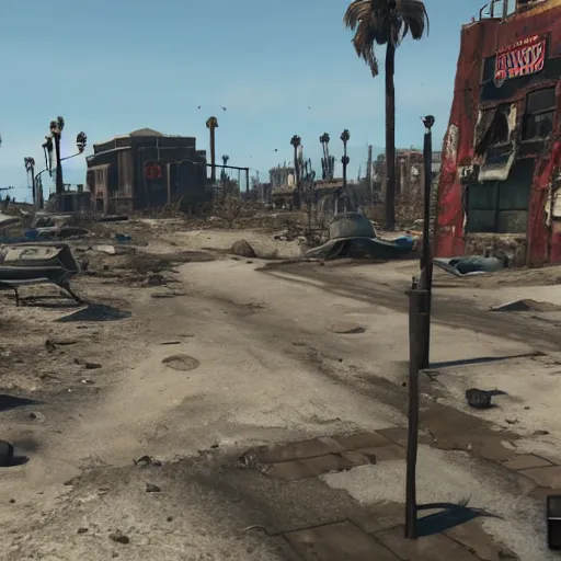 Image similar to Venice Beach in ruins post-nuclear war in Fallout 4, in game screenshot