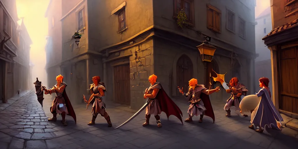 Image similar to an exciting fantasy street battle within a fascinating old city, photo-real characters, narrow streets, old buildings, by Sylvain Sarrailh, cinematic, simple but effective composition, clean lines, beautiful digital painting, oil painting, ultra photo-real render, great character design, dungeons and dragons, lord of the rings, close up characters, fantasy races