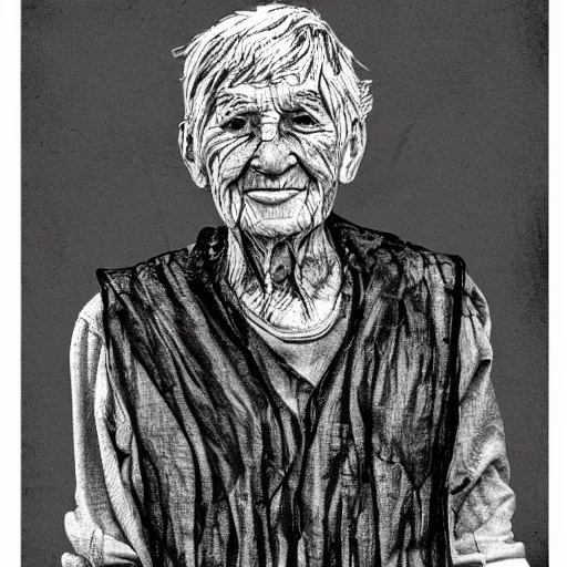 Image similar to detailed half body digital art of a old person wearing ragged and ruined clothes. the background is pure black with a little bit of glow behind the character