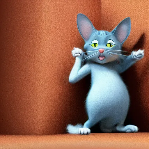 Image similar to hyper realistic Cat like Tom in Tom and Jerry, 4K portrait, character concept art, render in Octane, cgsociety, 4K post-processing highly detailed, Pixar cinematography style, bright day light
