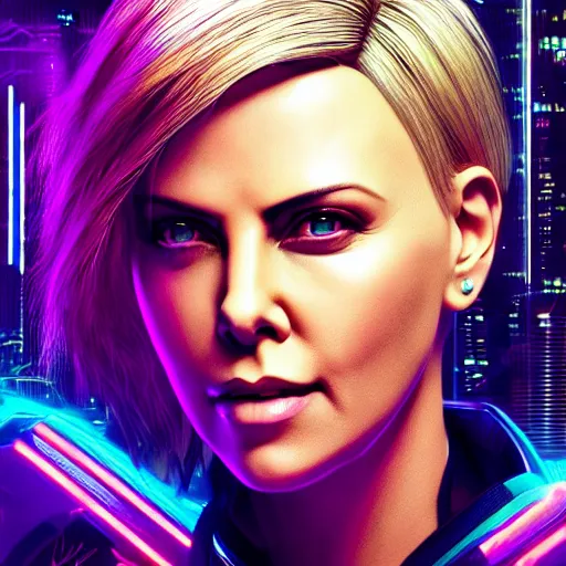 Image similar to charlize theron portrait, cyberpunk 2 0 7 7, cyberpunk judy alvarez, photorealistic, ultra detailed, neon, octane, bokeh, cinematic lighting, cyber, cyberpunk city, studio quality, feature, scars, cyberface, 8 k