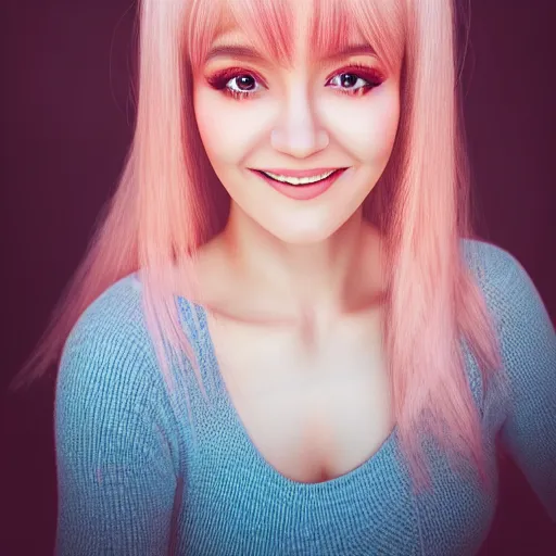 Image similar to beautiful hyperrealism selfie of nikki from shining nikki, a cute 3 d young woman smiling sofly, long light pink hair and full bangs, flushed face, small heart - shaped face, amber eyes, golden hour, 8 k, instagram