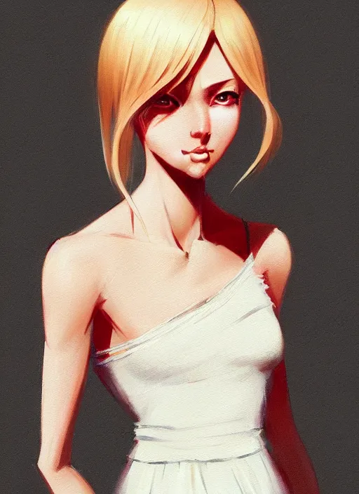 Image similar to ultradetailed beautiful painting of a stylish young lady wearing a cute dress, dramatic, she has blond hair, distressed, volumetric light, full body portrait by greg rutkowski, ilya kuvshinov, james jean, makoto shinkai, on artstation