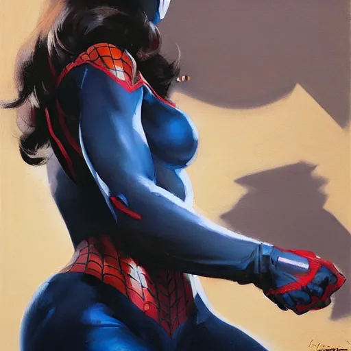 Image similar to greg manchess portrait painting of partially armored female spiderman as overwatch character, medium shot, asymmetrical, profile picture, organic painting, sunny day, matte painting, bold shapes, hard edges, street art, trending on artstation, by huang guangjian, gil elvgren, ruan jia, greg rutkowski, gaston bussiere