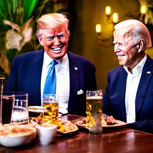 Image similar to Trump and Biden having dinner at a fancy Balinese restaurant, award winning photography, 85mm, perfect faces