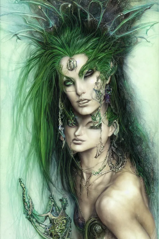 Image similar to beautiful strange detailed portrait of a stunningly beautiful green haired djinn genie - kin bard woman by luis royo, wayne barlowe, kirsi salonen, asya yoranova and alan lee trending on artstation 8 k