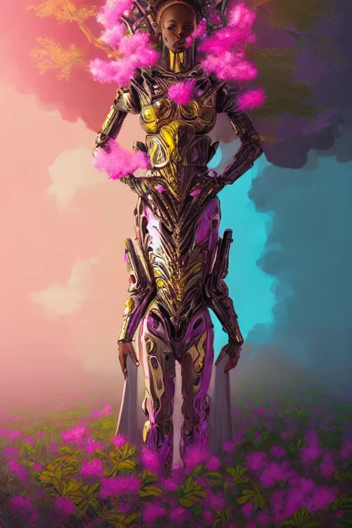 Image similar to illustration neo - baroque cinematic super expressive! yoruba goddess with exoskeleton armor, merging with tree in a forest, pink yellow flowers, highly detailed digital art masterpiece, smooth etienne sandorfi eric zener dramatic pearlescent soft teal light, ground angle uhd 8 k, sharp focus