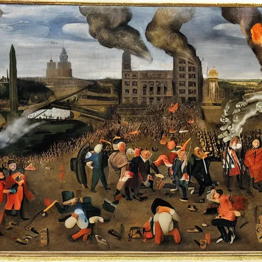 Prompt: a group of politicians partying in washington dc, the city is burning the politicians are throwing money everywhere some smoking cigars, in the style of bruegel