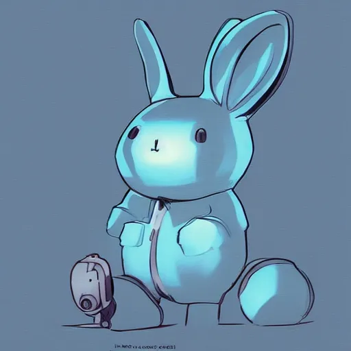 Image similar to artstation, by hayao myazaki, concept art, digital art, light blue, 2 - dimensional, 2 d, a rabbit robot