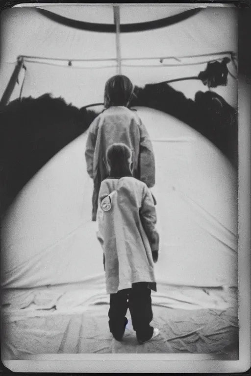 Image similar to photo polaroid of a sad and lonely child in a white coat and barefoot stands in the middle from behind the camera many big tents of field hospitals, pandemic, covid, loneliness, black and white ,photorealistic, 35mm film,