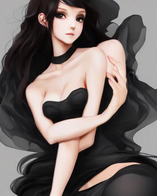 Image similar to A frontal fullbody painting of a beautiful brunette witch and wearing a cute translucent black dress looking at the viewer, elegant, delicate, stunning, soft lines, feminine figure, higly detailed, ultraHD, 8k, smooth , pixiv art, cgsociety, artgem, high quality, digital illustration, concept art, masterpiece