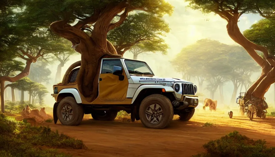 Prompt: mahindra thar driving through madagascar road with baobabs trees, drone view, animals running along, artgerm and greg rutkowski and alphonse mucha, an epic fantasy, volumetric light, detailed, establishing shot, an epic fantasy, trending on art station, octane render, midsommar