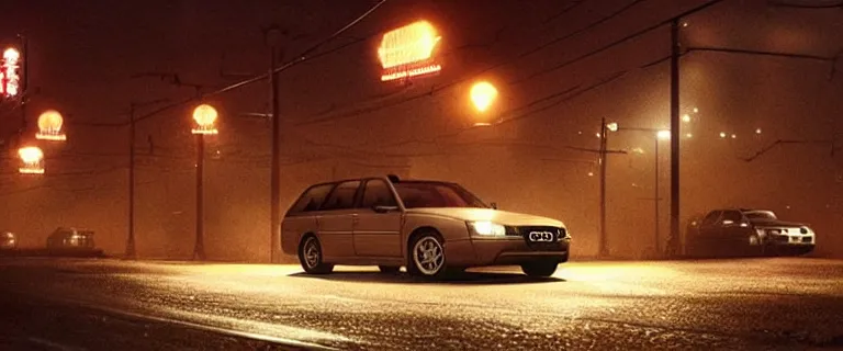 Prompt: Audi A4 B6 Avant (2002) chased by the mafia, a gritty neo-noir, dramatic lighting, cinematic, establishing shot, extremely high detail, photorealistic, cinematic lighting, artstation, by simon stalenhag, Max Payne (PC) (2001) winter new york at night, dark night, bright lights, eldritch horror