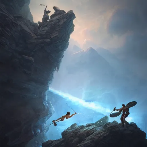 Prompt: Hercules clashing Perseus next to a cliff, artwork by Stefan Kopinski and Guillem H. Pongiluppi, photo realistic, atmospheric lighting, HDR, high detail