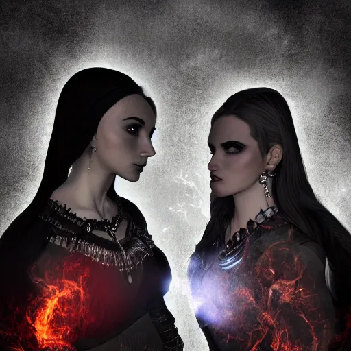 Image similar to A portrait of two Gothic goddesses of fire jewels in an empty land, dark and mysterious, volumetric lighting, lively atmospheric, cinematic, 8k, 4k, ultra detail, ultra-realistic, rendered by DeviantArt