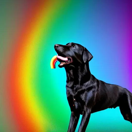 Image similar to adorable black lab chasing a hotdog across a rainbow, very detailed, 4 k, by disney