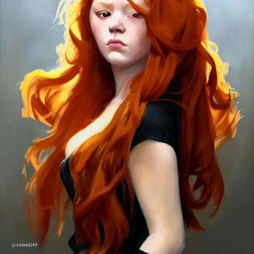 Prompt: greg manchess portrait painting of ginger girl!!! long curly hair!! black eyes!! evil, sad! with a ginger cat as overwatch character, medium shot, asymmetrical, profile picture, organic painting, sunny day, matte painting, bold shapes, hard edges, street art, trending on artstation, by huang guangjian and gil elvgren and sachin teng