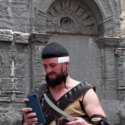 Image similar to photo of a Roman soldier checking his smartphone