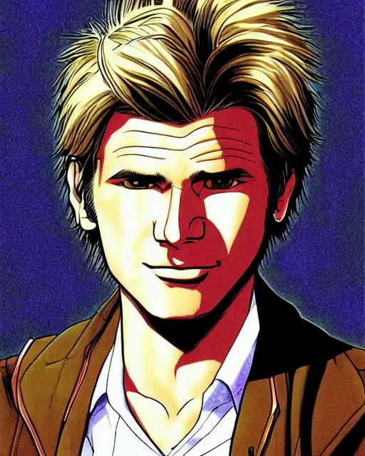 Image similar to Digital color pen drawing of young Harrison Ford from JoJo\'s Bizzare Adventure, highly detailed, sharp focus, screentone shading, 1990 manga panel, trending on ArtStation, manga cover art drawn by Hirohiko Araki