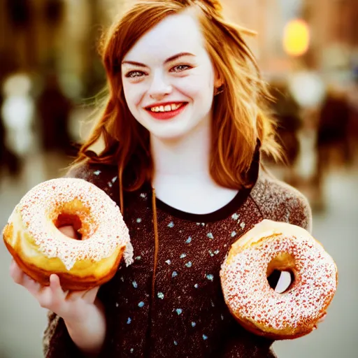 Prompt: photo of cute teenage emma stone, freckles, holding bunch of donuts, street of moscow, shallow depth of field, cinematic, 8 0 mm, f 1. 8