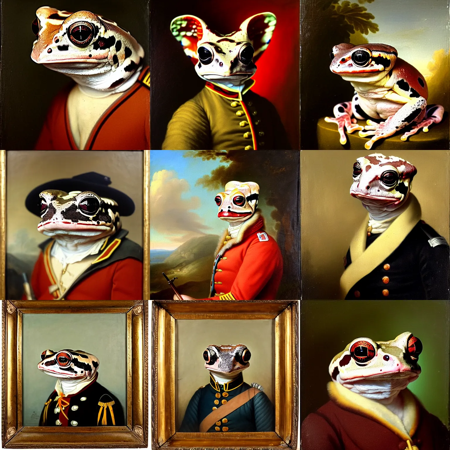 Prompt: a head - and - shoulders portrait of an amazon milk frog wearing a continental army uniform, an american romanticism painting, oil on canvas, cgsociety, soft focus