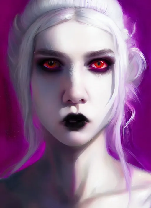 Image similar to portrait of white teenage girl, normal face, white bangs, mall goth, cyberlox, black and white hair, bangs, fluffy bangs, red contact lenses, purple lipstick, intricate, elegant, highly detailed, digital painting, artstation, concept art, sharp focus, smooth, illustration, art by wlop, mars ravelo and greg rutkowski