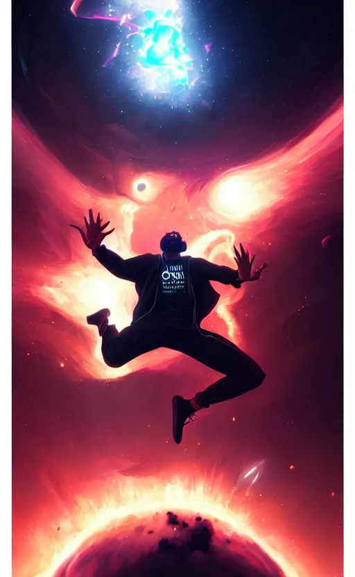 Image similar to handsome black genius hacking the metaverse, vr headset, white t - shirt and jordans, flying through spacetime, exploding nebulae, highly detailed, digital painting, artstation, concept art, smooth, sharp focus, illustration, art by wlop, mars ravelo and greg rutkowski